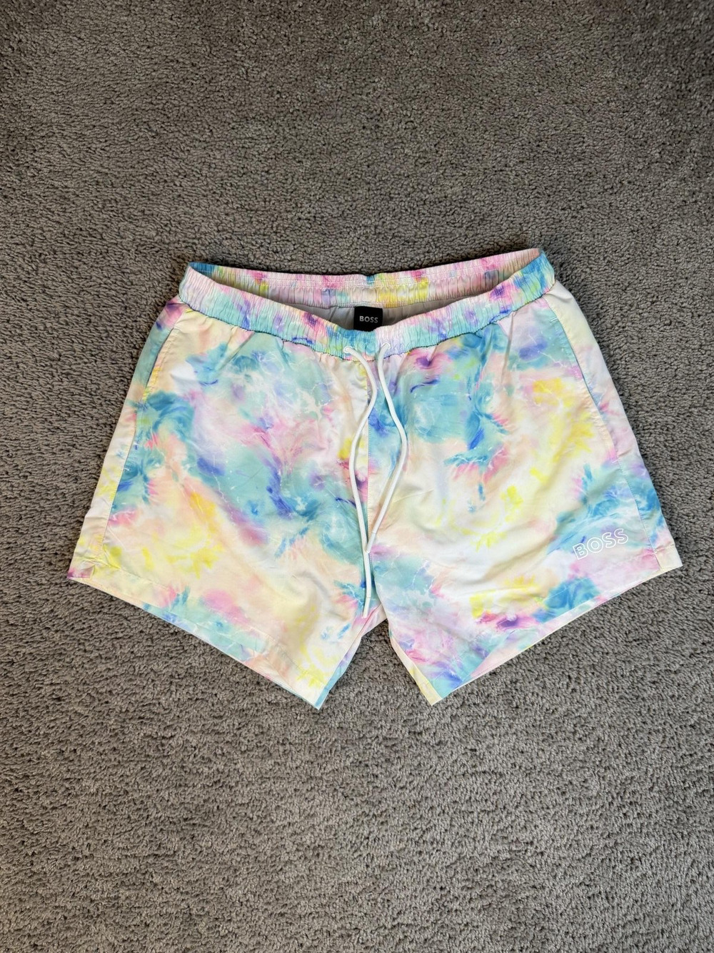 Boss Shorts Mens L Multicolor Tie Dye Swim Short Pride Drawstring Pockets Mesh